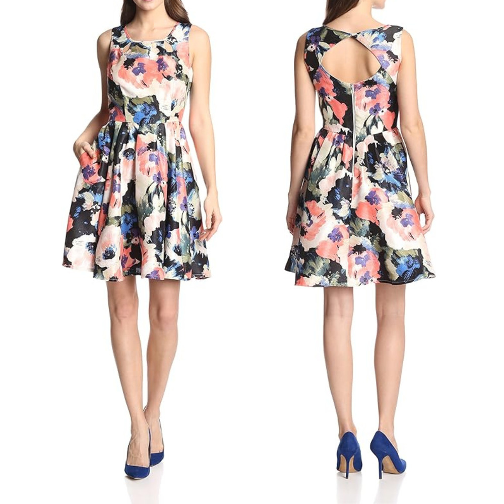 Gabby Skye Colorful Floral Sheen Print Sleeveless Fit & Flare Dress w Pockets
